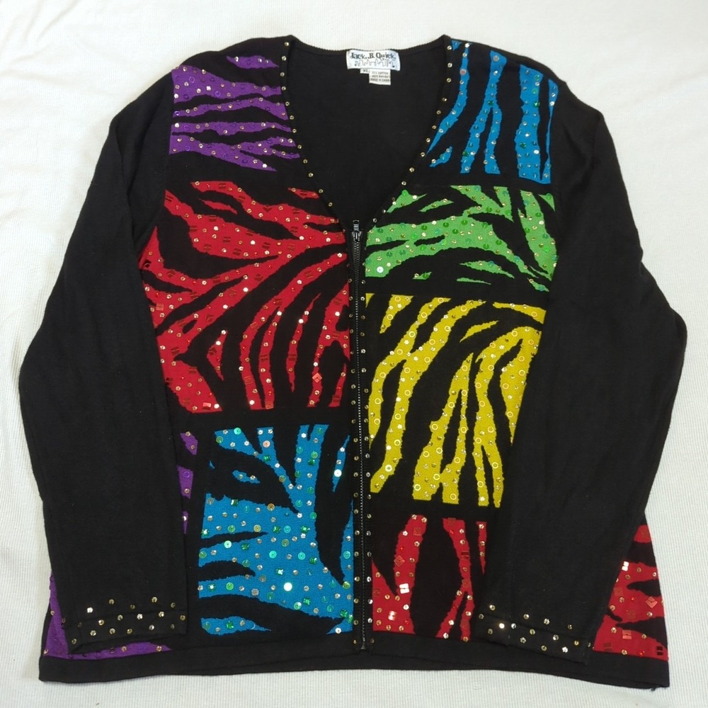 Vtg Jack B Quick Women XL Black Colorful Zebra Print Sequins Full Zip Sweater